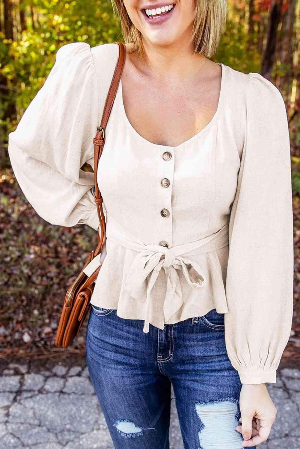 Tie Waist Lantern Sleeve Peplum Top Beige Blouses - Tophatter Daily Deals