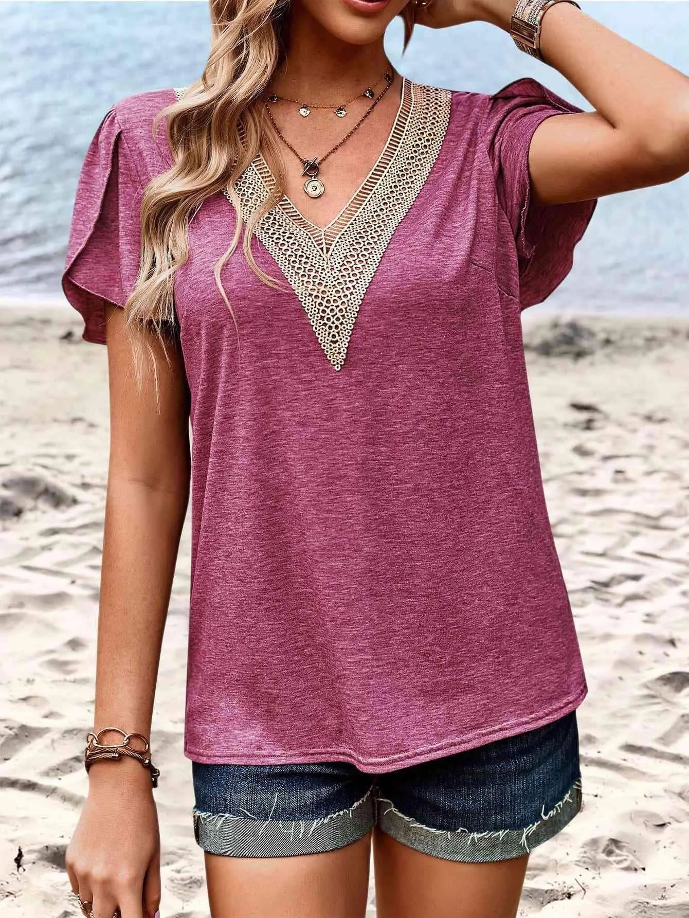 Contrast V-Neck Petal Sleeve Top Cerise Blouses - Tophatter Daily Deals