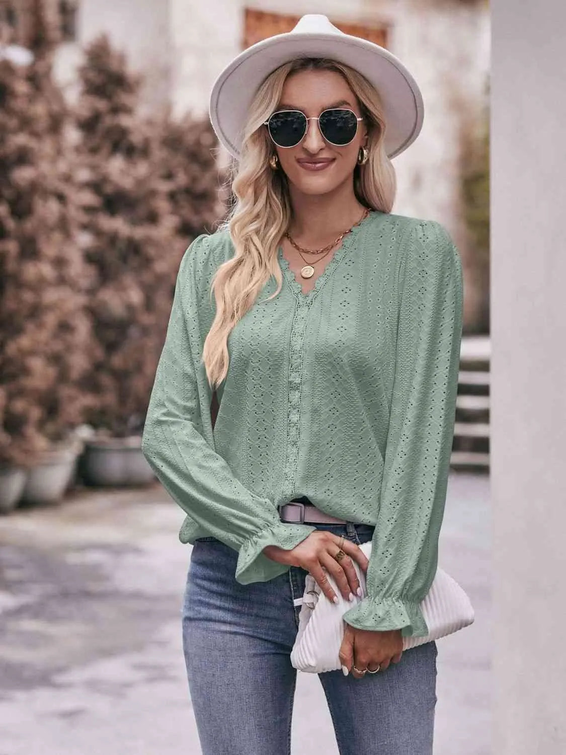 Double Take Eyelet V-Neck Flounce Sleeve Blouse Gum Leaf Blouses - Tophatter Daily Deals