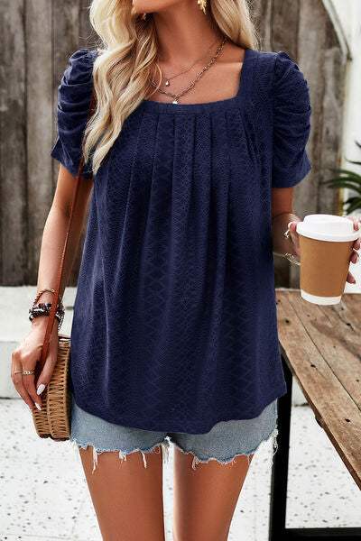 Eyelet Square Neck Puff Sleeve T-Shirt Women's T-Shirts - Tophatter Daily Deals