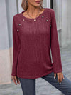 Ribbed Buttoned Round Neck Long Sleeve T-Shirt Brick Red Women's T-Shirts - Tophatter Daily Deals