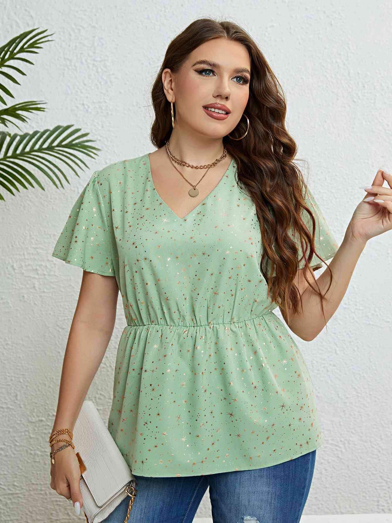 Star V-Neck Puff Sleeve Peplum Top Blouses - Tophatter Daily Deals