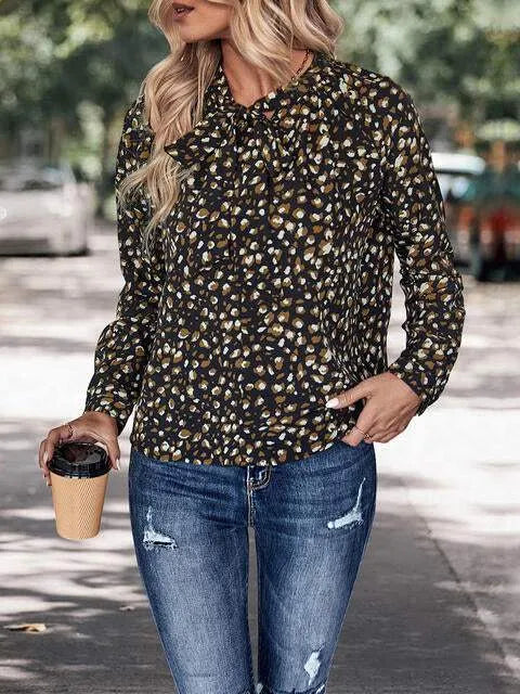 Printed Tie Neck Long Sleeve Top Black Blouses - Tophatter Daily Deals