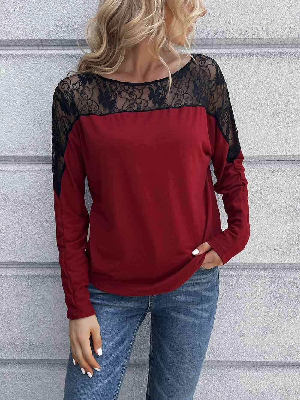 Lace Long Sleeve Round Neck Tee Women's T-Shirts - Tophatter Daily Deals