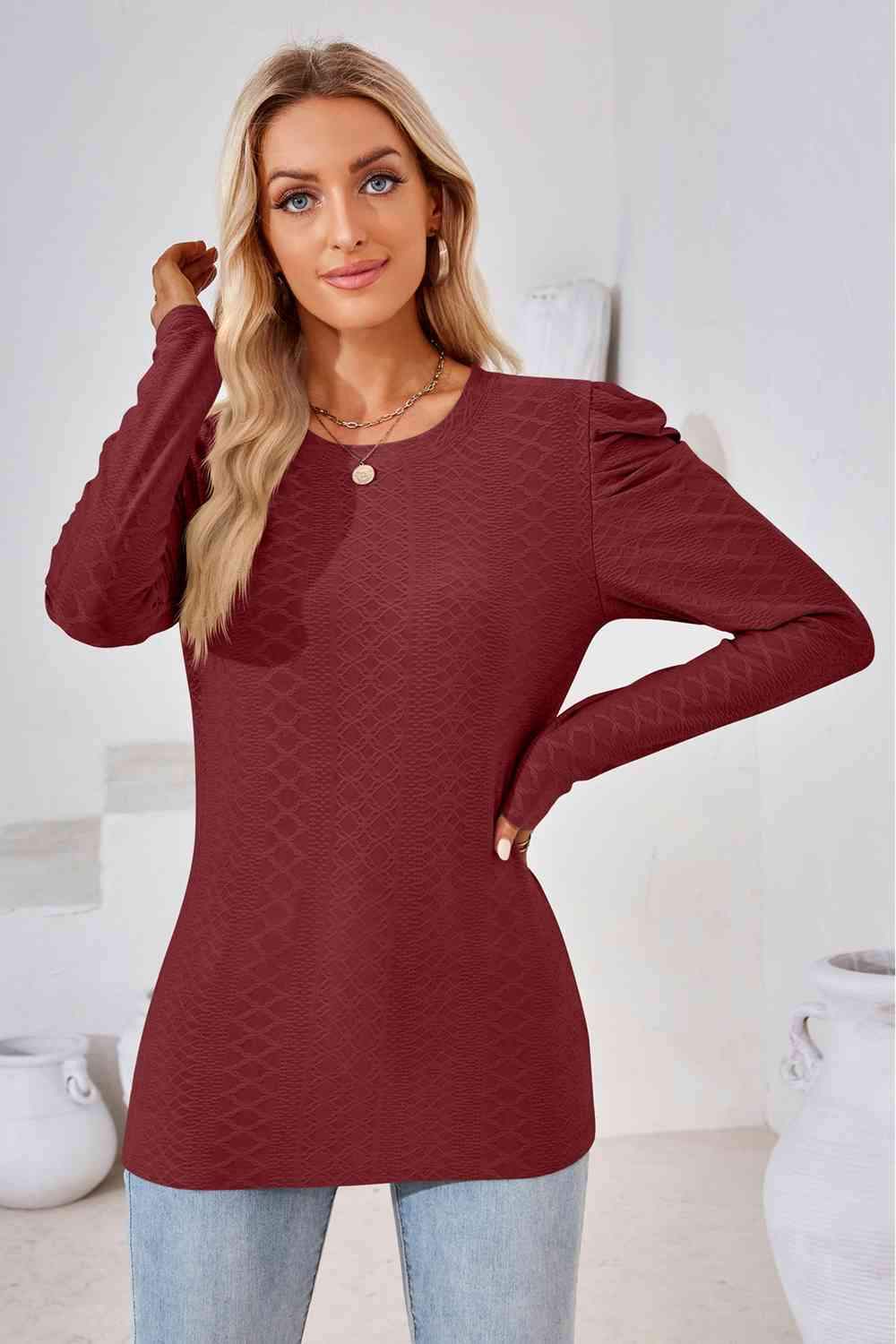 Round Neck Puff Sleeve Blouse Blouses - Tophatter Daily Deals