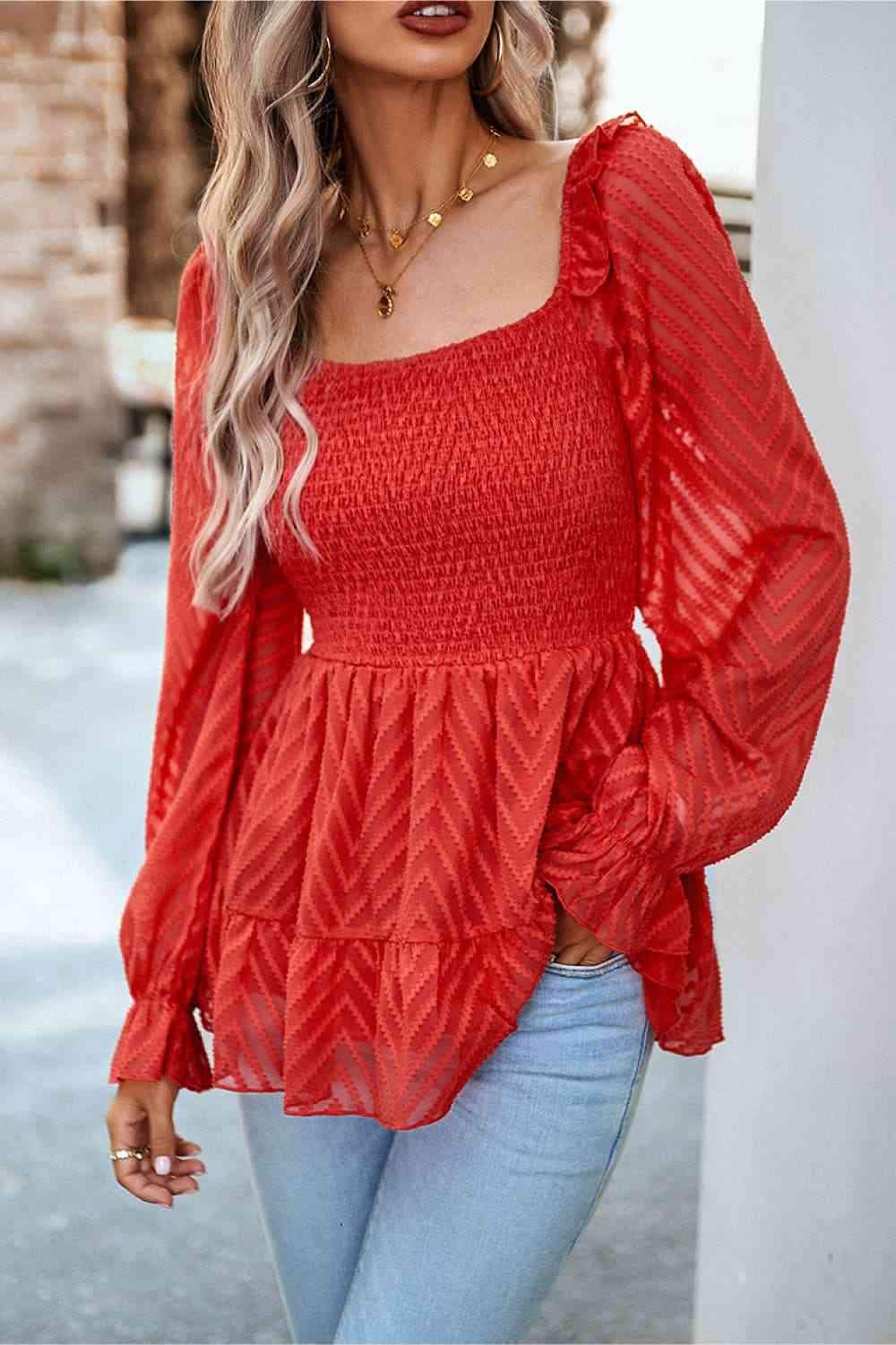 Square Neck Flounce Sleeve Peplum Top Blouses - Tophatter Daily Deals