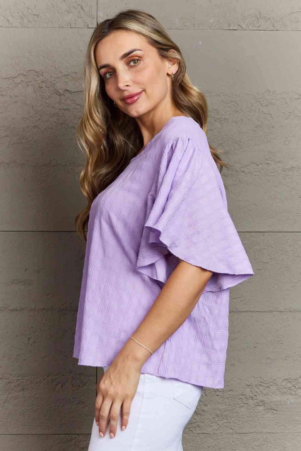 Textured Round Neck Flutter Sleeve Blouse Blouses - Tophatter Daily Deals