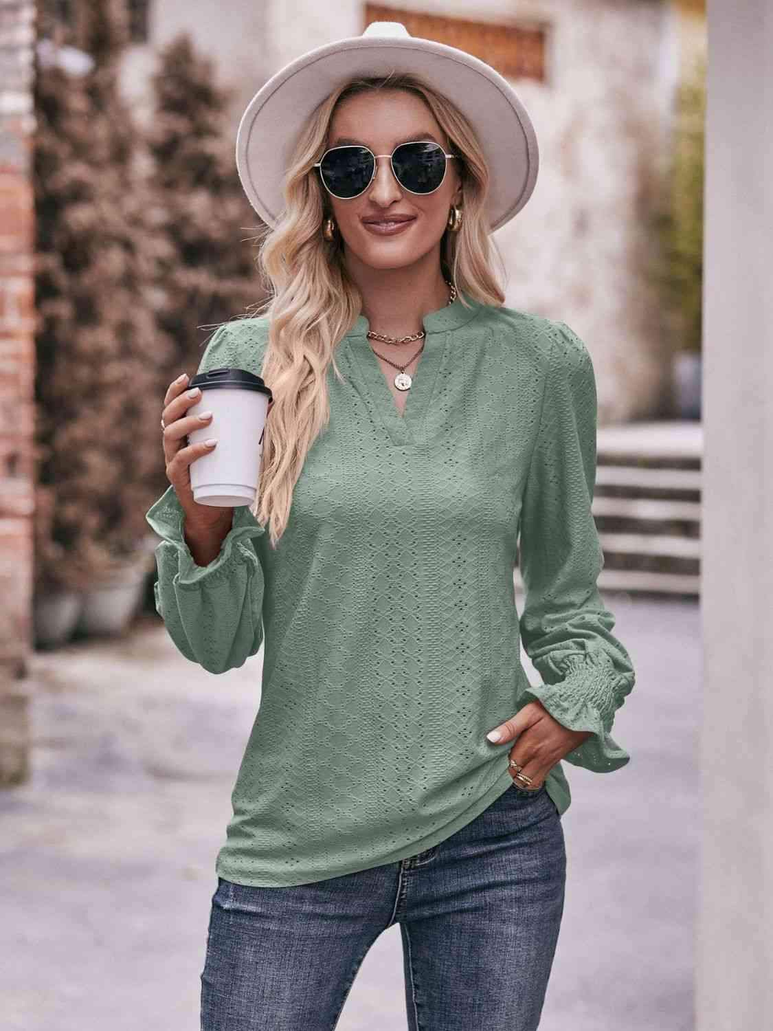 Double Take Eyelet Notched Neck Flounce Sleeve Blouse Blouses - Tophatter Daily Deals