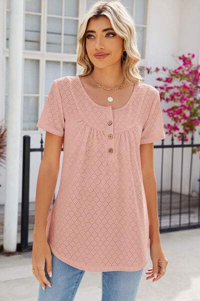 Eyelet Quarter Button Short Sleeve T-Shirt Women's T-Shirts - Tophatter Daily Deals