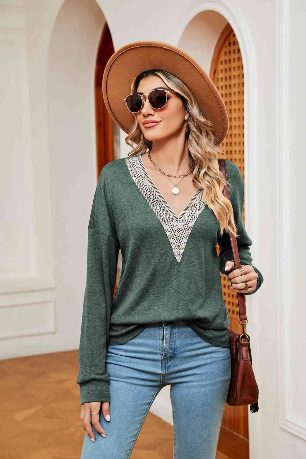 Contrast V-Neck Long Sleeve Blouse Blouses - Tophatter Daily Deals