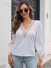 Contrast V-Neck Puff Sleeve Blouse White Blouses - Tophatter Daily Deals