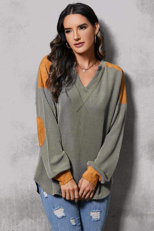 Striped Notched Long Sleeve Blouse Blouses - Tophatter Daily Deals