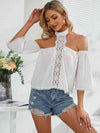 Crochet Halter Neck Cold-Shoulder Blouse White Blouses - Tophatter Daily Deals