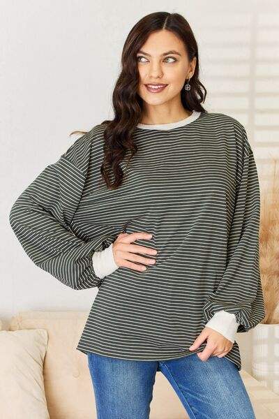 And The Why Oversized Striped Contrast T-Shirt DARK OLIVE Blouses - Tophatter Daily Deals