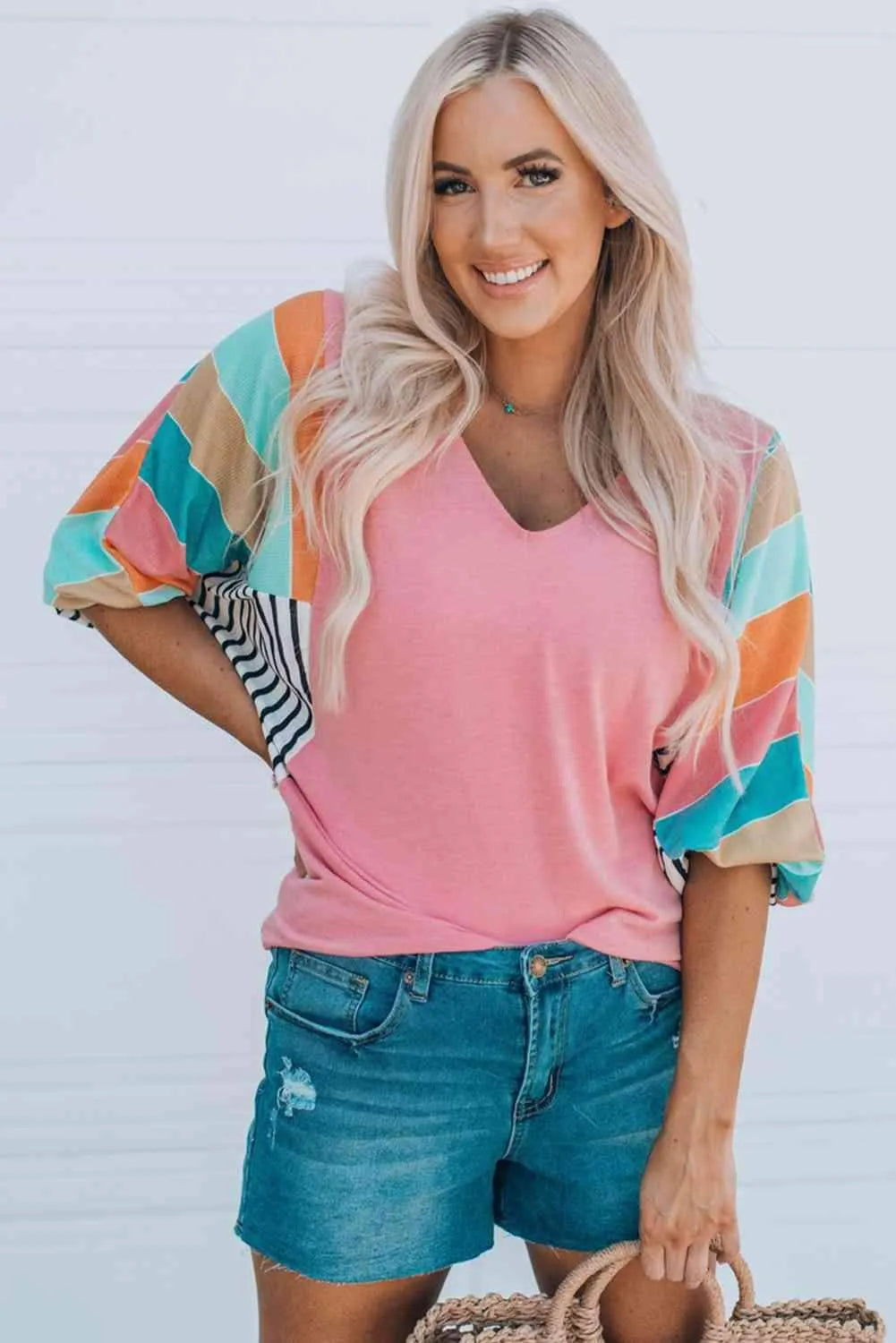 Striped Dolman Sleeve V-Neck Top Pink S Blouses - Tophatter Daily Deals