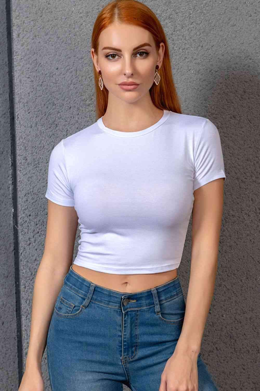 Cropped Round Neck Short Sleeve Tee Blouses - Tophatter Daily Deals