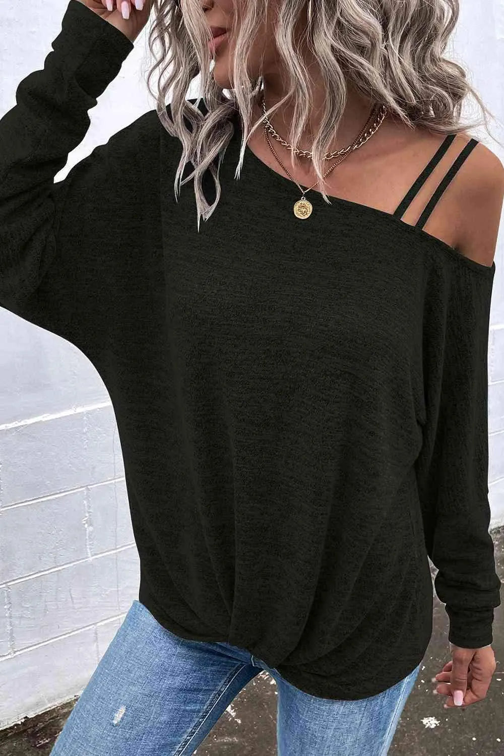 Asymmetrical Neck Long Sleeve Top Blouses - Tophatter Daily Deals