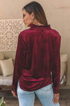 Notched Neck Buttoned Long Sleeve Velvet Blouse Blouses - Tophatter Daily Deals