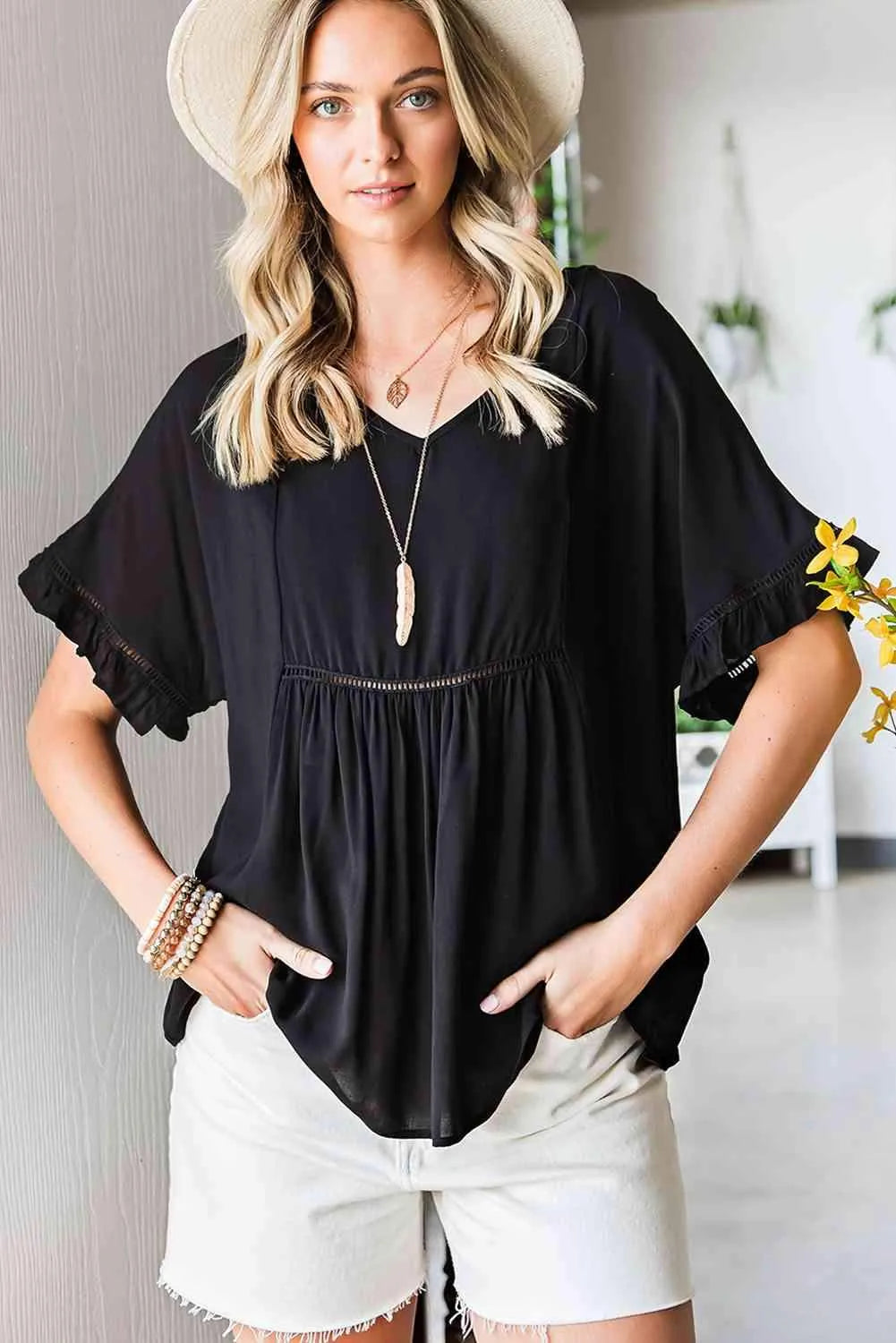 V-Neck Flounce Sleeve Babydoll Blouse Black Blouses - Tophatter Daily Deals