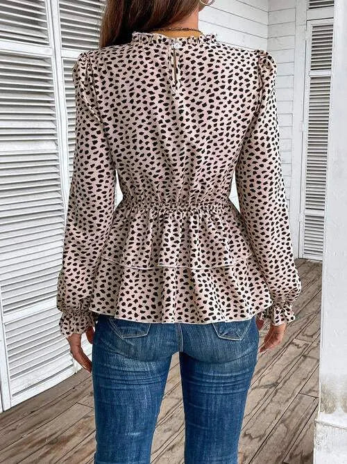 Printed Round Neck Smocked Flounce Sleeve T-Shirt Blouses - Tophatter Daily Deals