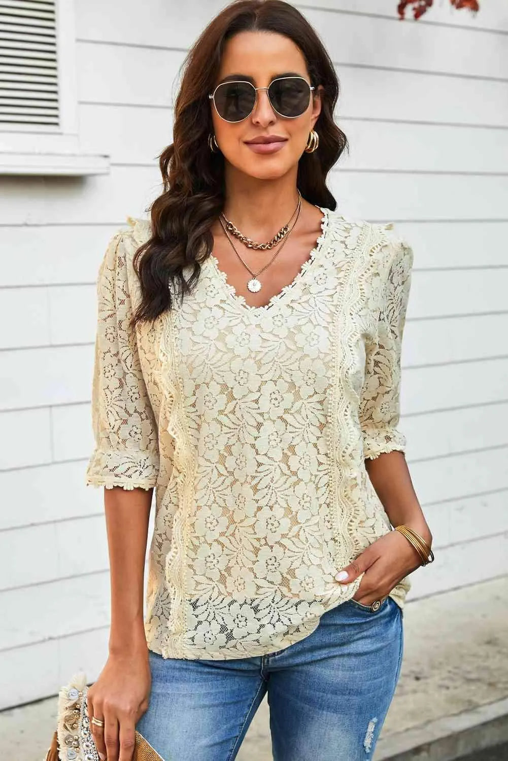 Lace V-Neck Flounce Sleeve Top Beige Blouses - Tophatter Daily Deals