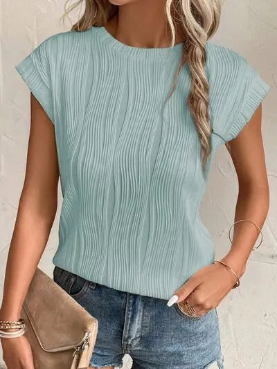 Textured Round Neck Cap Sleeve T-Shirt Sage Women's T-Shirts - Tophatter Daily Deals