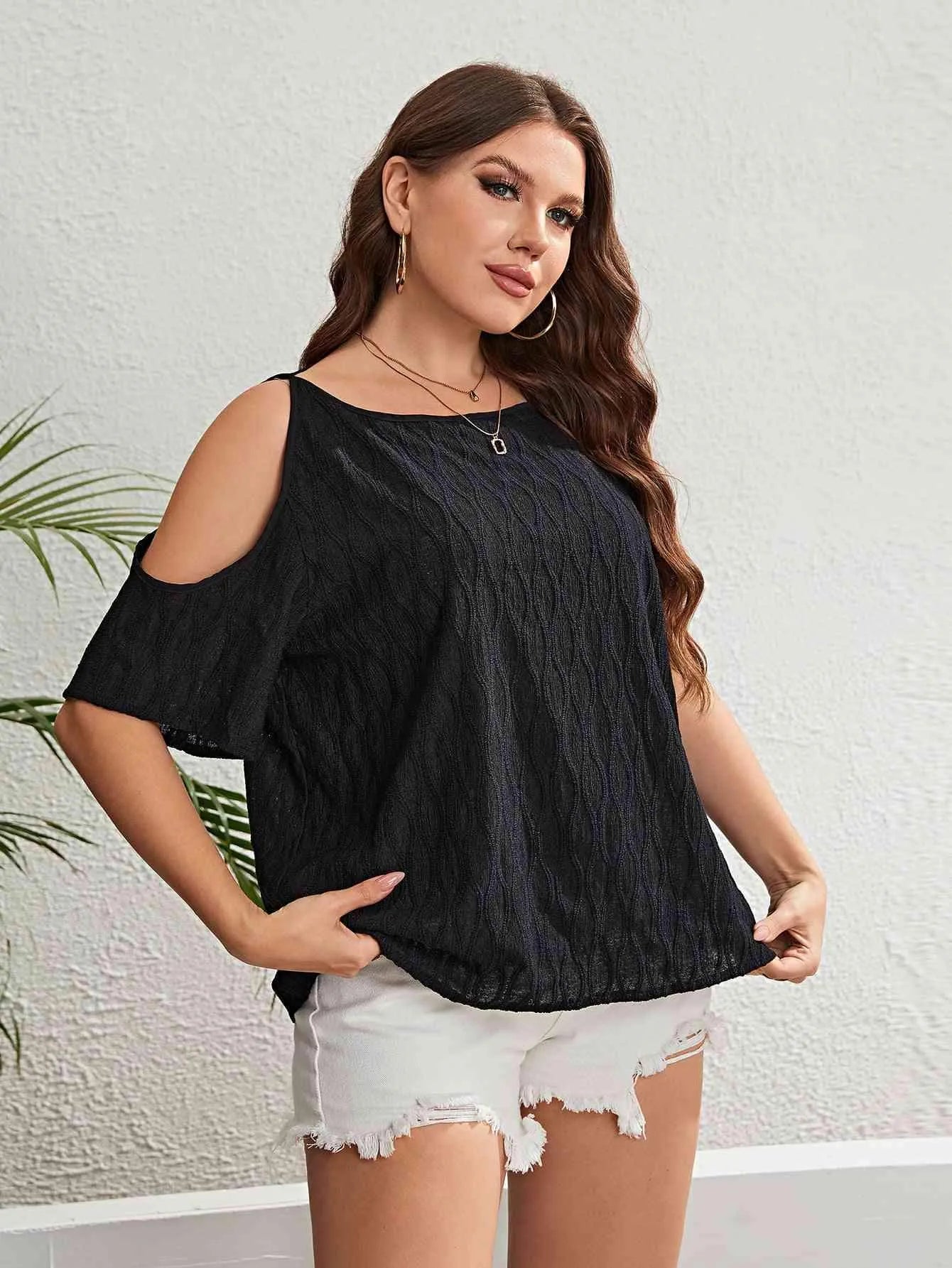 Plus Size Boat Neck Cold-Shoulder Blouse Blouses - Tophatter Daily Deals