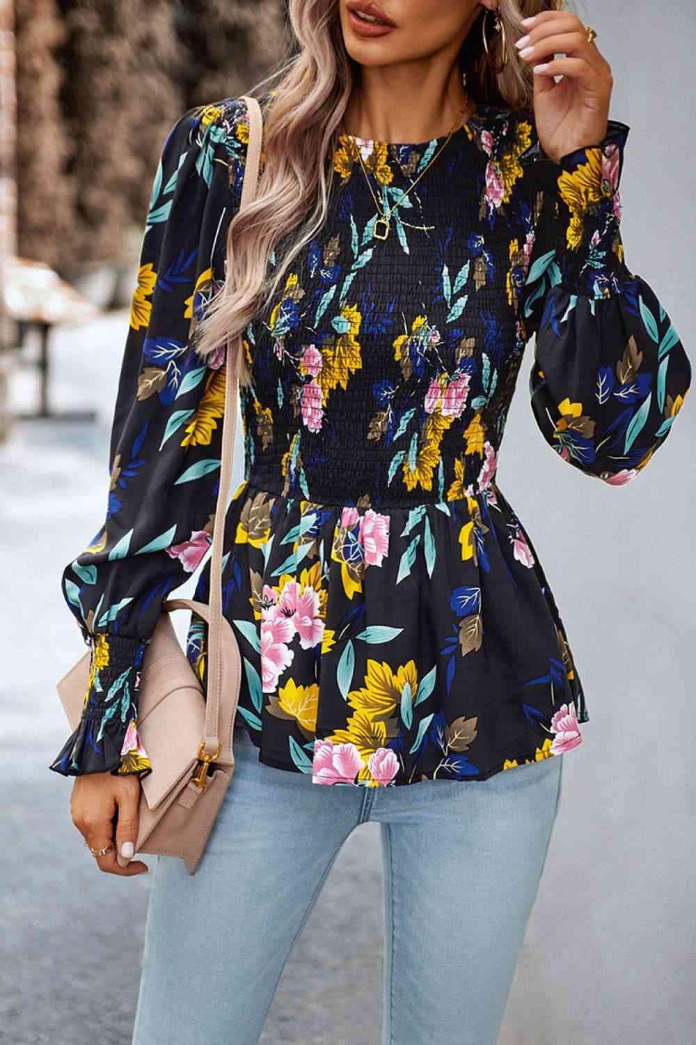 Round Neck Flounce Sleeve Peplum Top Blouses - Tophatter Daily Deals