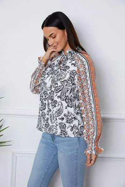 Tassel Tie Neck Printed Smocked Long Sleeve Blouse Blouses - Tophatter Daily Deals