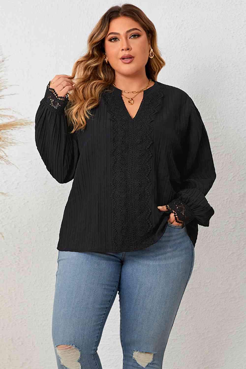 Plus Size Notched Neck Lace Detail Blouse Blouses - Tophatter Daily Deals