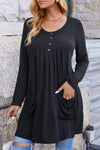 Ruched Pocketed Decorative Button Round Neck T-Shirt Black Women's T-Shirts - Tophatter Daily Deals