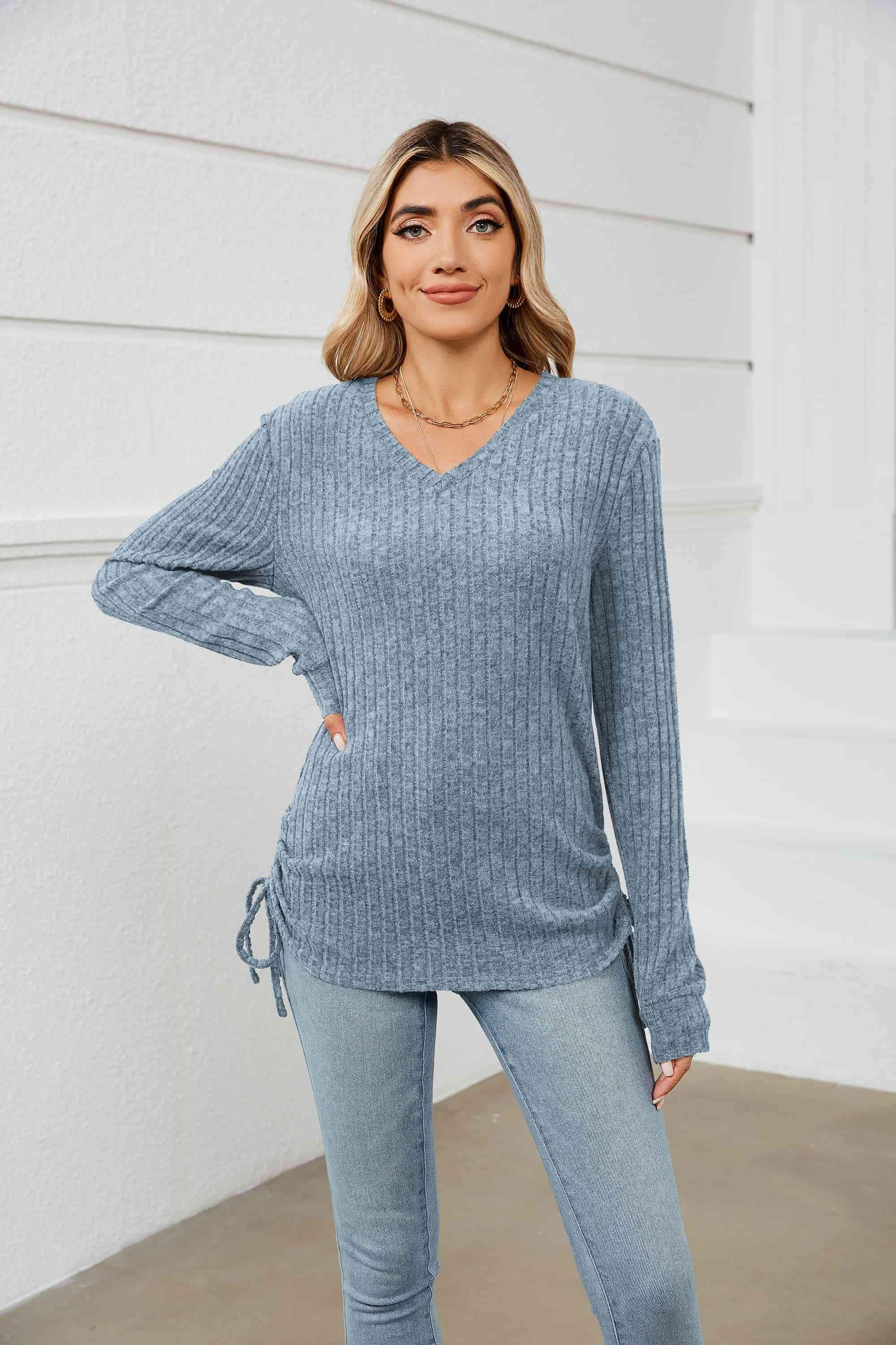 Drawstring Ribbed Long Sleeve T-Shirt Misty Blue Women's T-Shirts - Tophatter Daily Deals