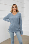 Drawstring Ribbed Long Sleeve T-Shirt Misty Blue Women's T-Shirts - Tophatter Daily Deals