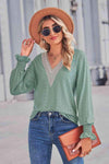 Contrast V-Neck Flounce Sleeve Top Green Blouses - Tophatter Daily Deals