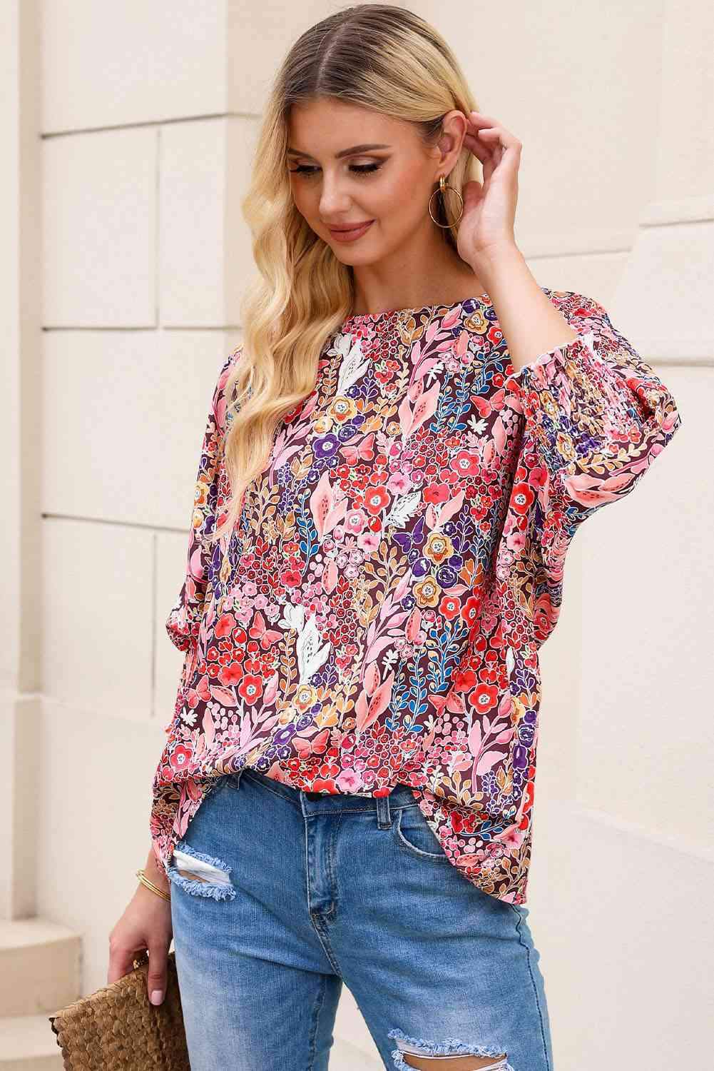 Double Take Floral Round Neck Three-Quarter Sleeve Top Blouses - Tophatter Daily Deals