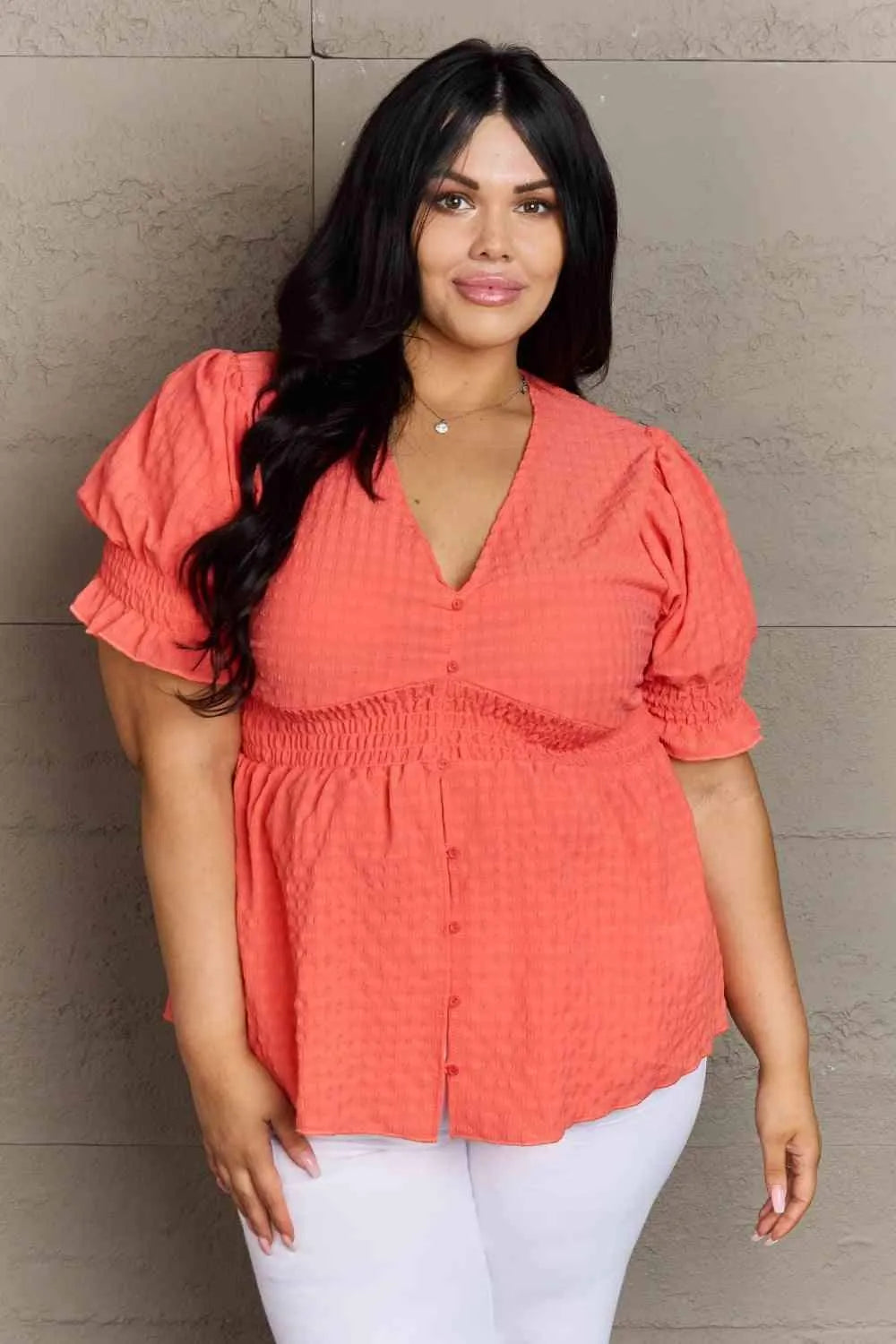 Culture Code Whimsical Wonders Full Size V-Neck Puff Sleeve Button Down Top Coral Blouses - Tophatter Daily Deals