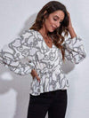 Printed V-Neck Balloon Sleeve Peplum Blouse Blouses - Tophatter Daily Deals