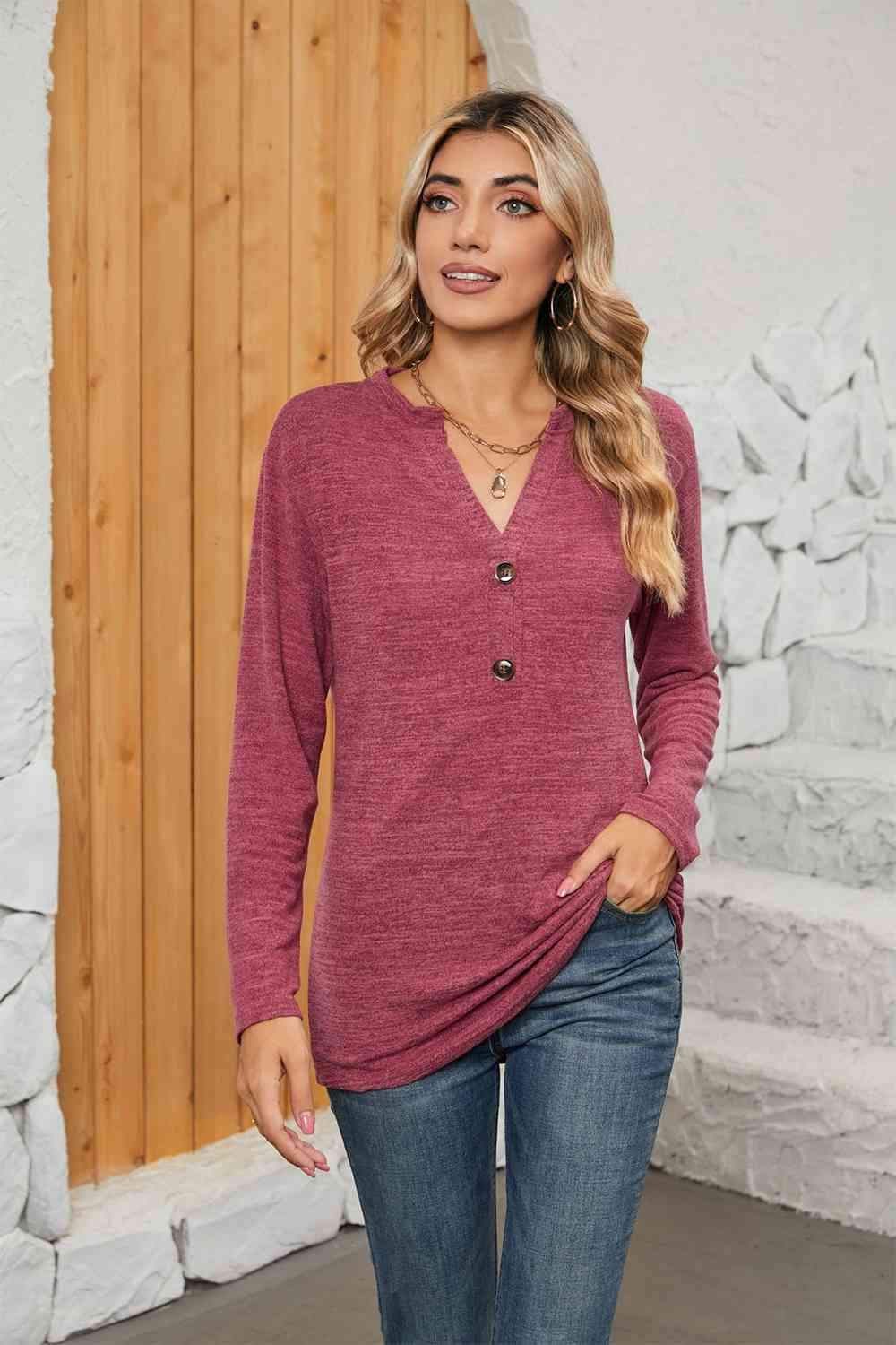 Notched Neck Long Sleeve T-Shirt Women's T-Shirts - Tophatter Daily Deals