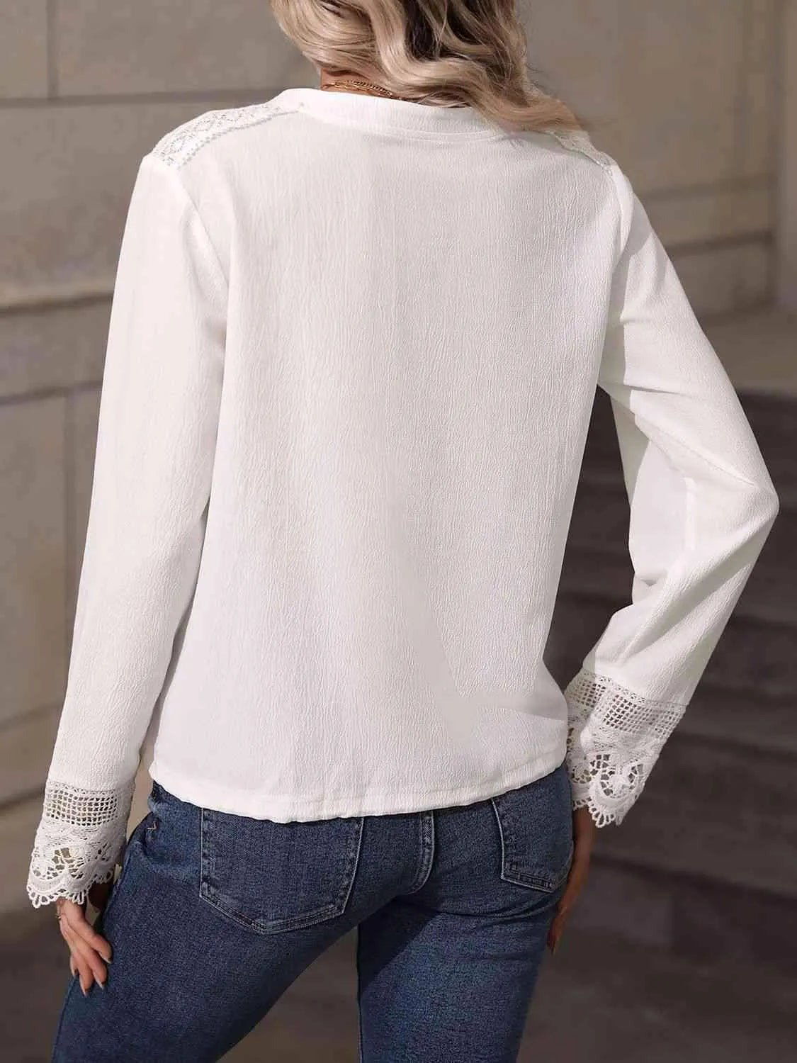 V-Neck Long Sleeve Lace Trim Blouse Blouses - Tophatter Daily Deals