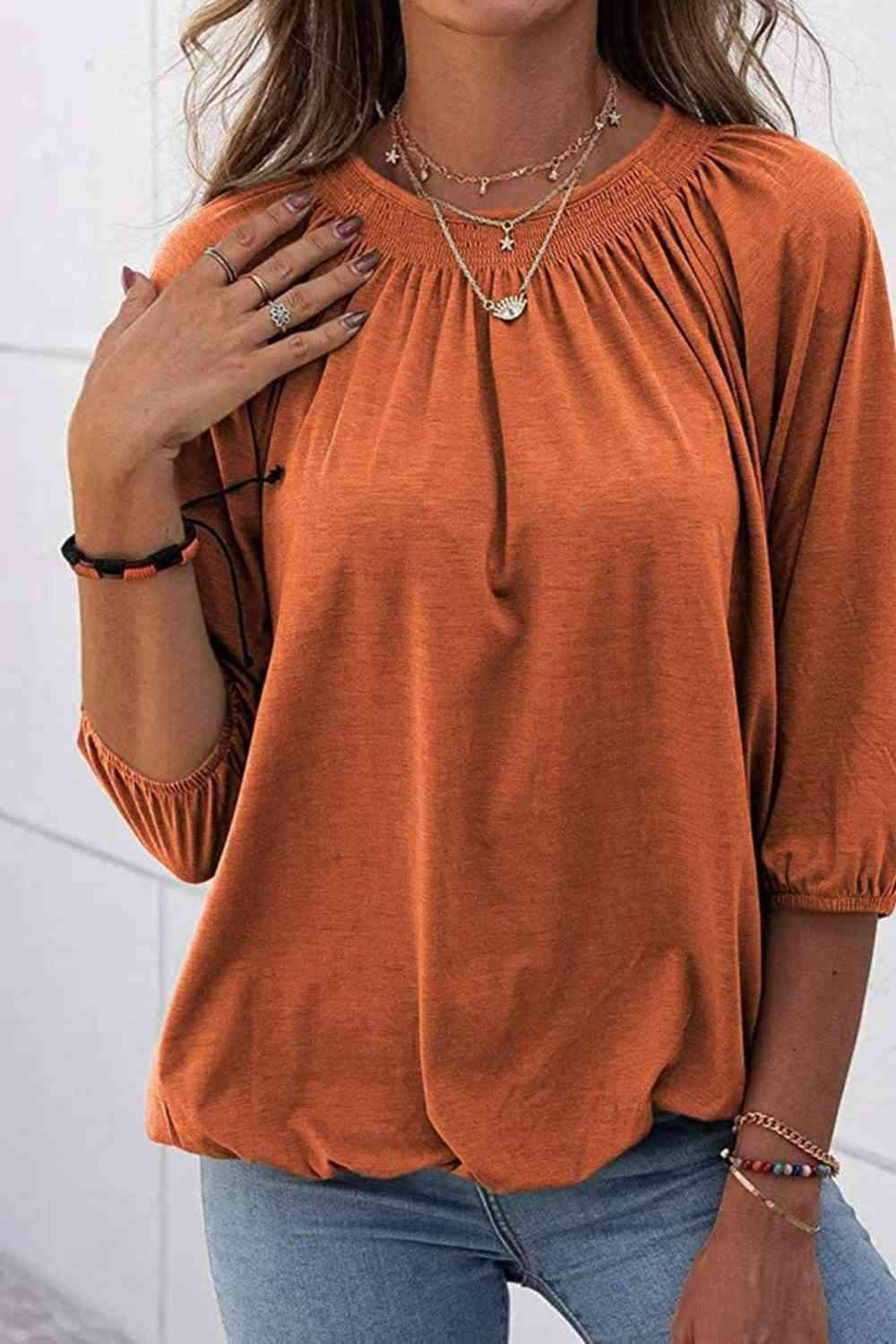 Gathered Detail Round Neck T-Shirt Pumpkin Women's T-Shirts - Tophatter Daily Deals