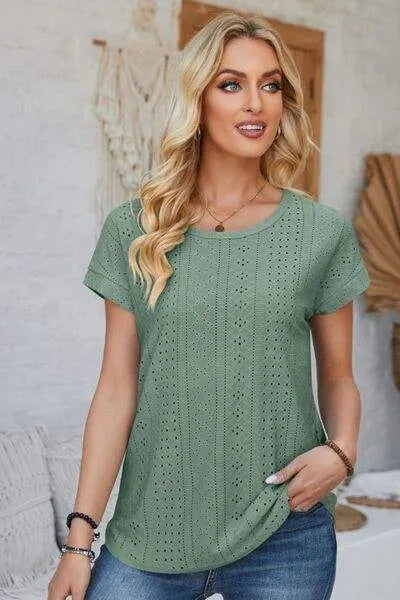 Eyelet Round Neck Rolled Short Sleeve T-Shirt Sage Women's T-Shirts - Tophatter Daily Deals