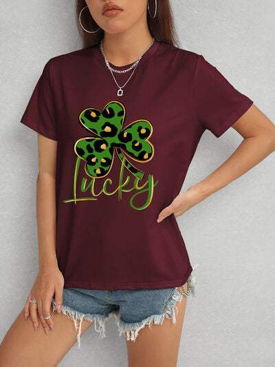 Lucky Clover Round Neck Short Sleeve T-Shirt Wine Women's T-Shirts - Tophatter Daily Deals