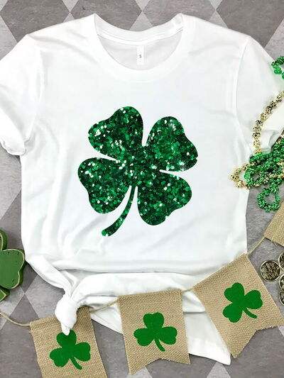 Lucky Clover Sequin Round Neck T-Shirt White Women's T-Shirts - Tophatter Daily Deals