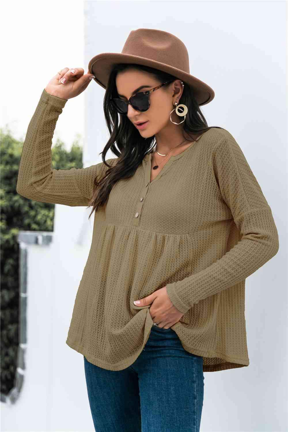 Button Front Waffle Knit Babydoll Top Blouses - Tophatter Daily Deals