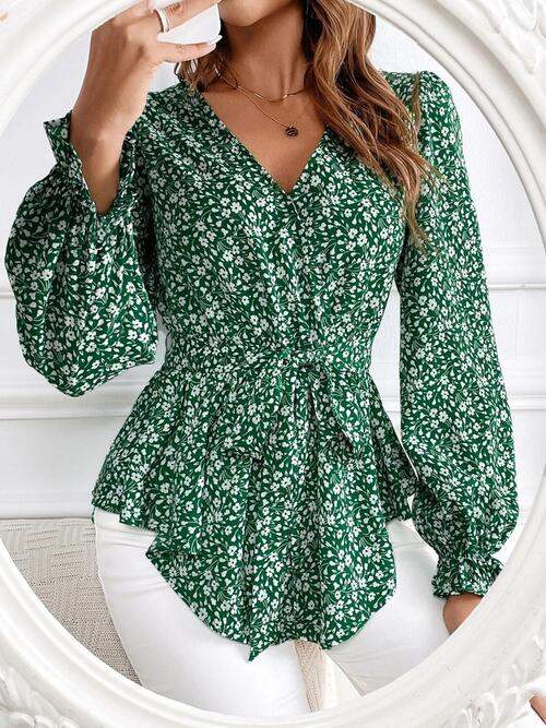 Printed V-Neck Tie Front Flounce Sleeve Blouse Mid Green Blouses - Tophatter Daily Deals