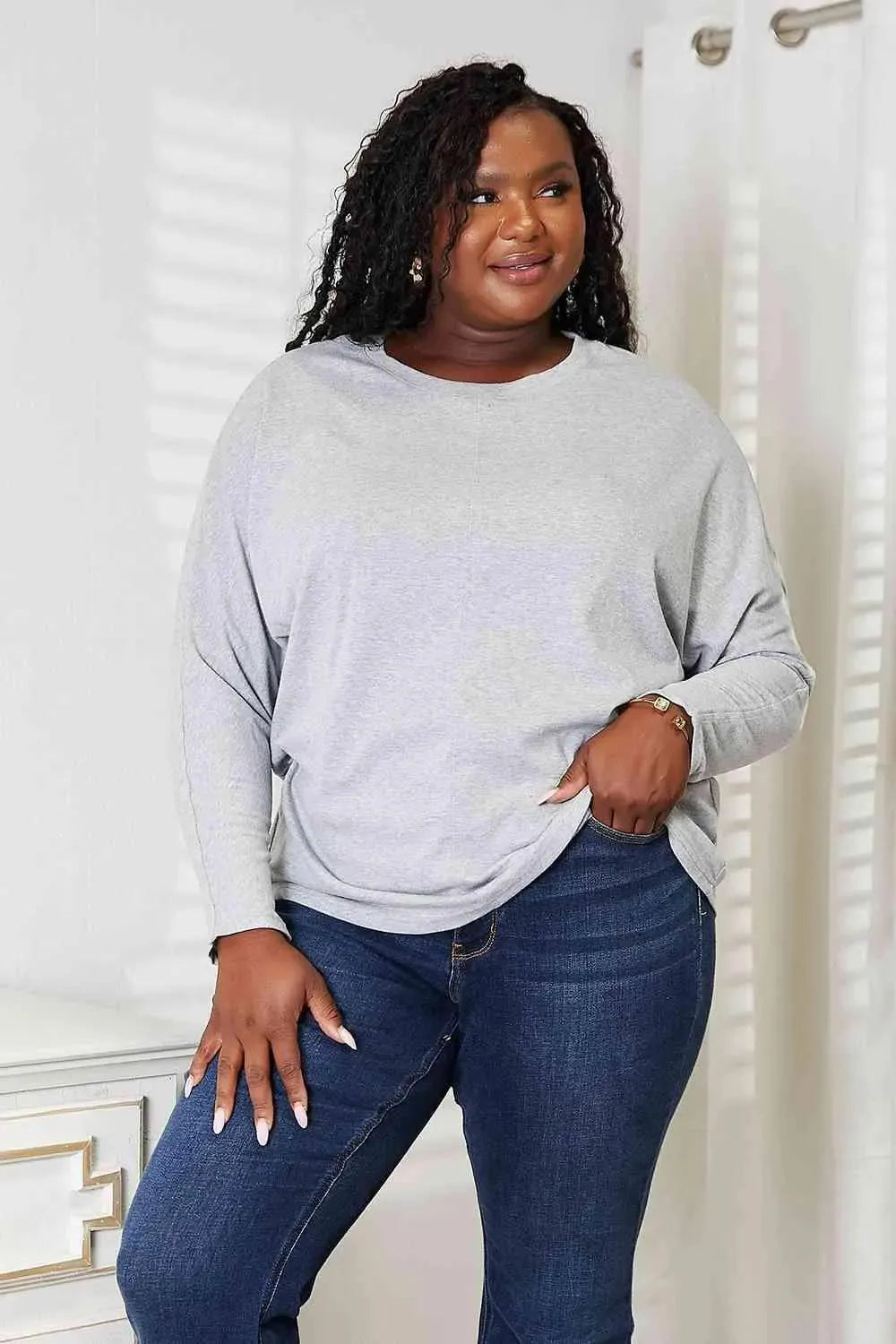 Double Take Seam Detail Round Neck Long Sleeve Top Women's T-Shirts - Tophatter Daily Deals