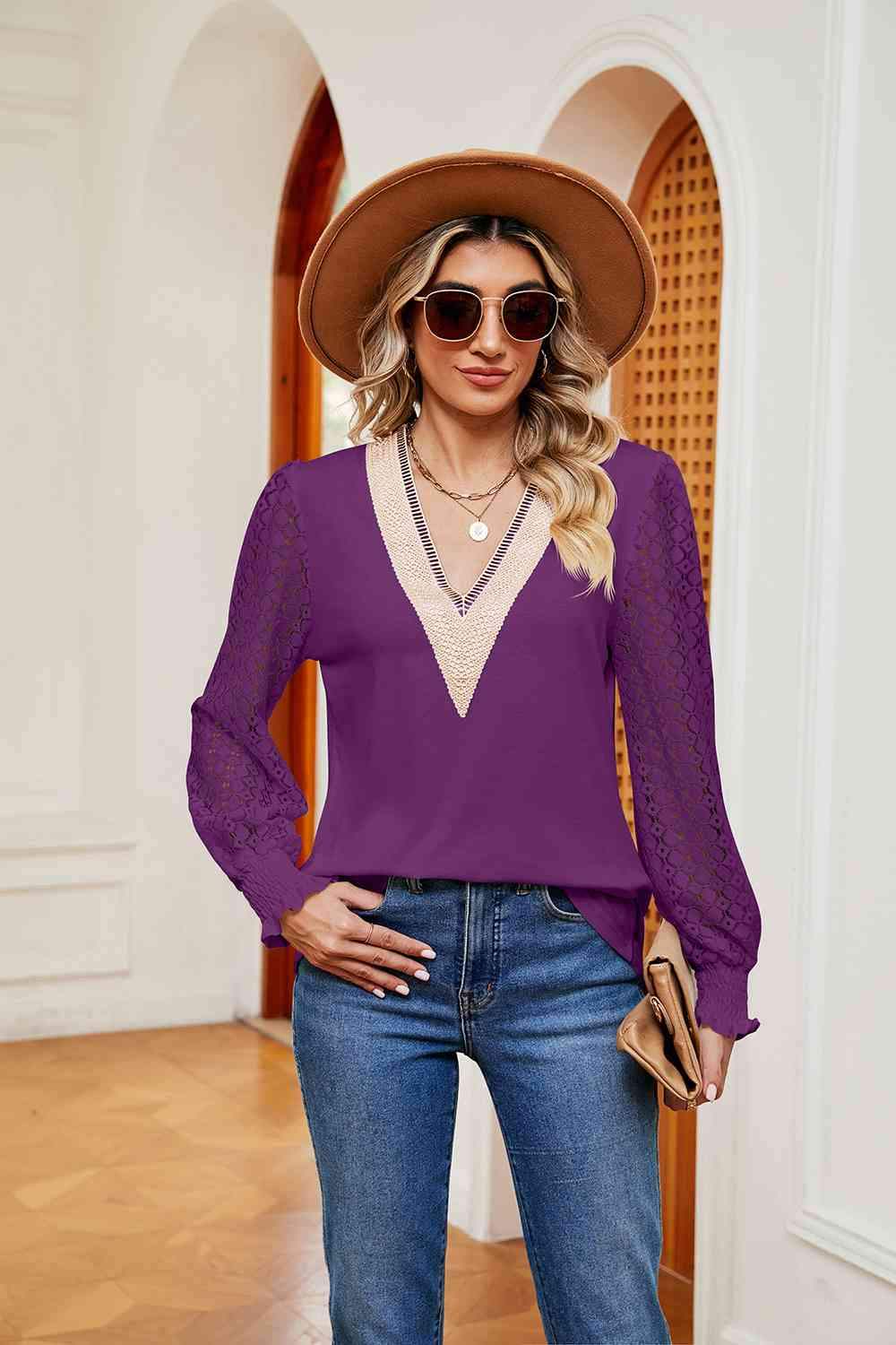 Contrast V-Neck Long Sleeve Blouse Fuchsia Blouses - Tophatter Daily Deals