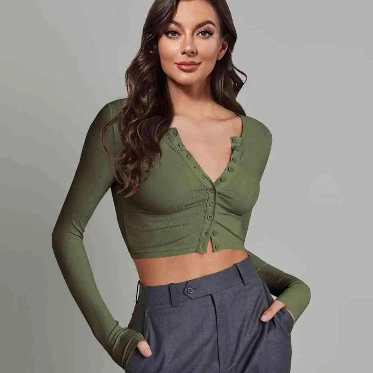 Double Take Button Down Long Sleeve Cropped Top Army Green Blouses - Tophatter Daily Deals