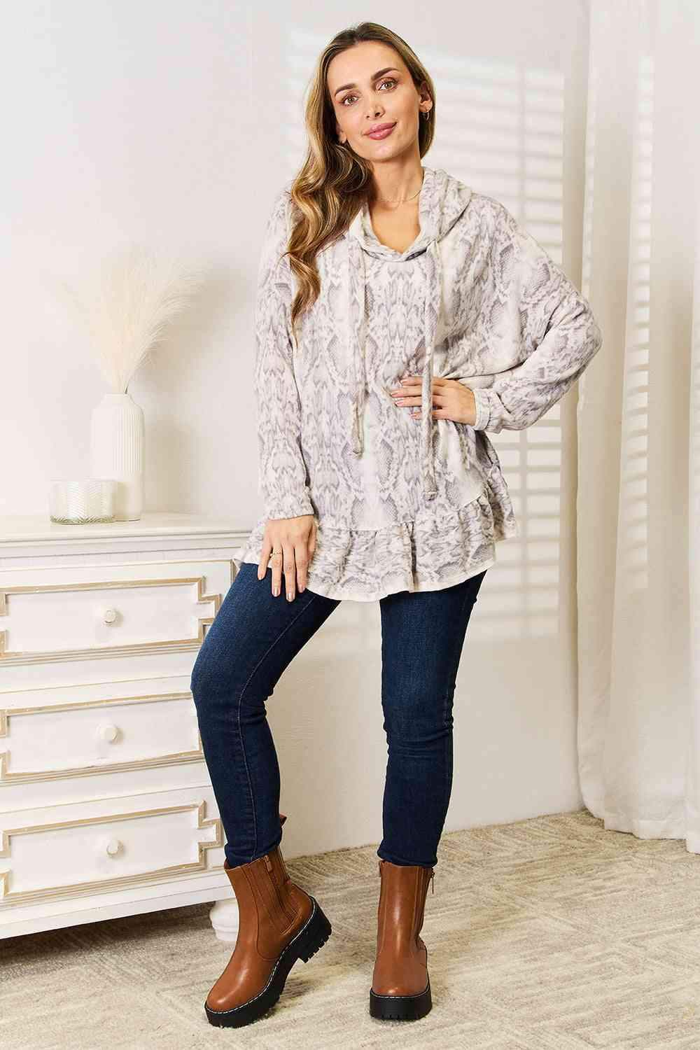 Jade By Jane Full Size Snakeskin Print Ruffle Hem Hoodie Blouses - Tophatter Daily Deals