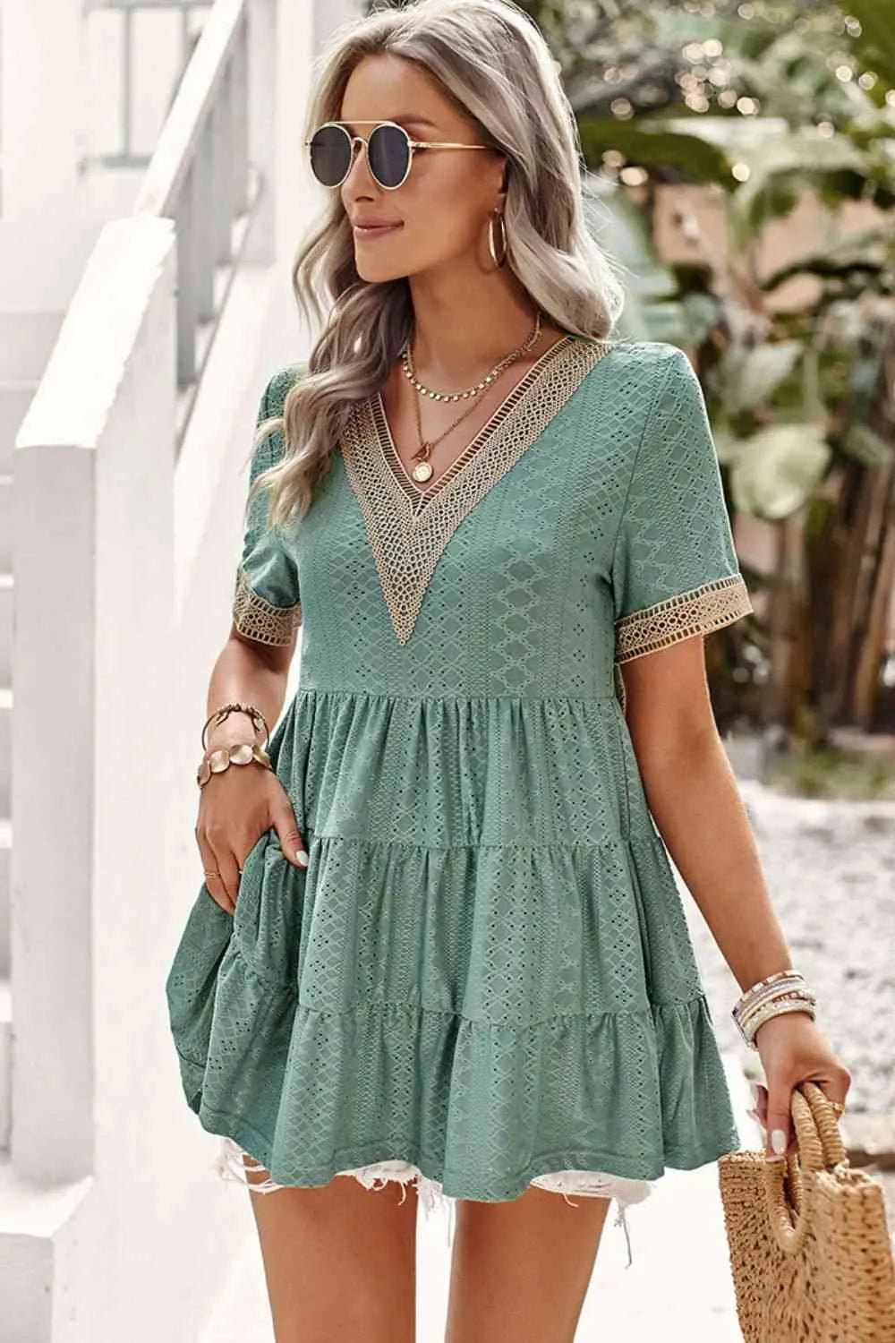 Contrast Short Sleeve Tiered Blouse Sage Blouses - Tophatter Daily Deals